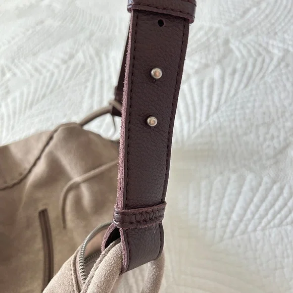 Taupe Suede Sak Shoulder Bag with Brown Leather Strap - Picture 12 of 12